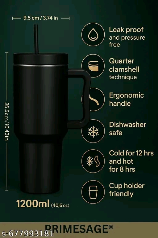 1200ml Insulated Tumbler with Straw – Leakproof Travel Sipper Bottle (Black)